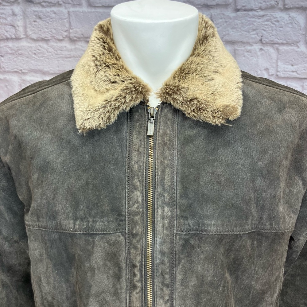 Robert Comstock Expedition Brown Nubuck Leather Zip Faux Fur Lined Coat Sz Large